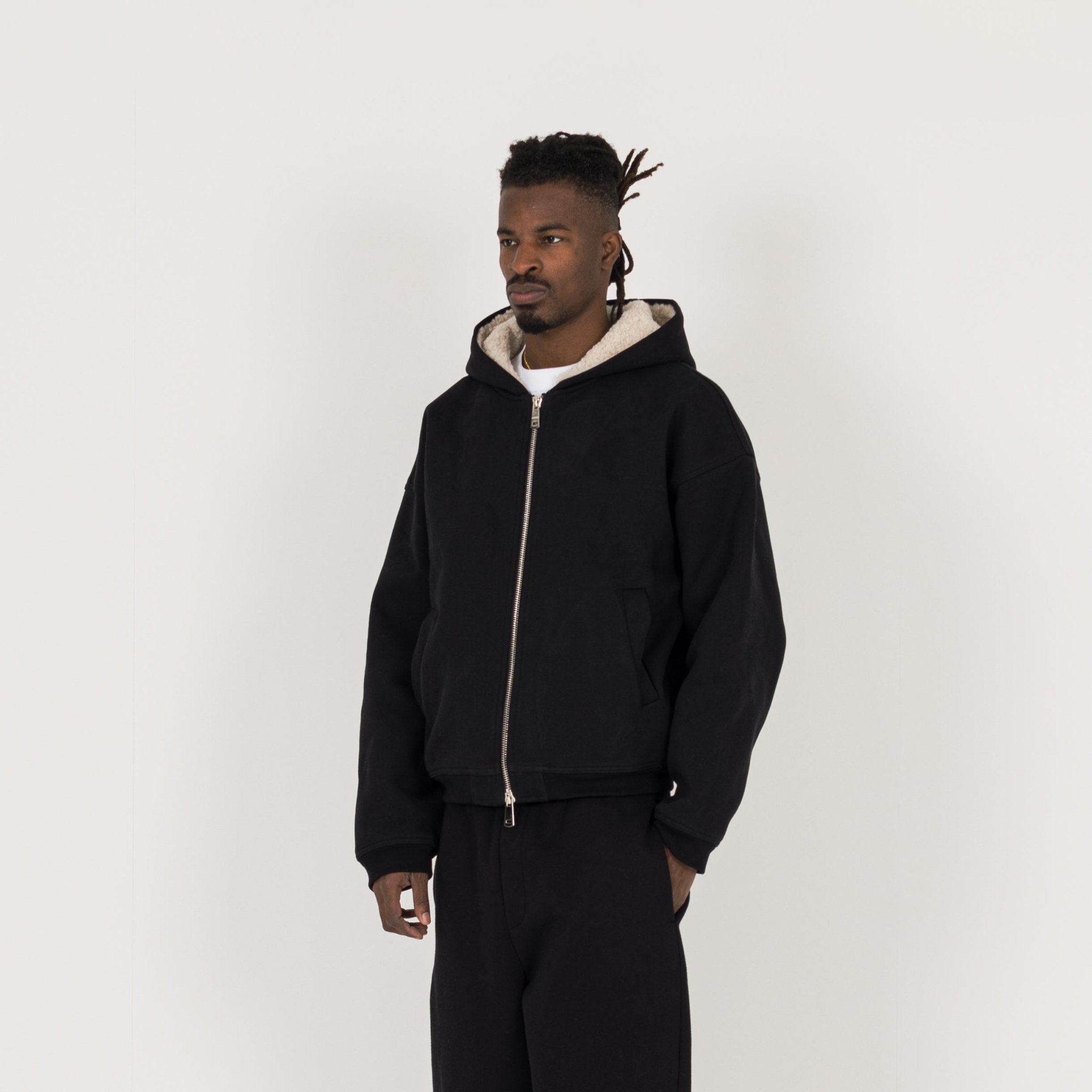 Model view of Destructive Sculpt Carbon Black Fleece Jacket